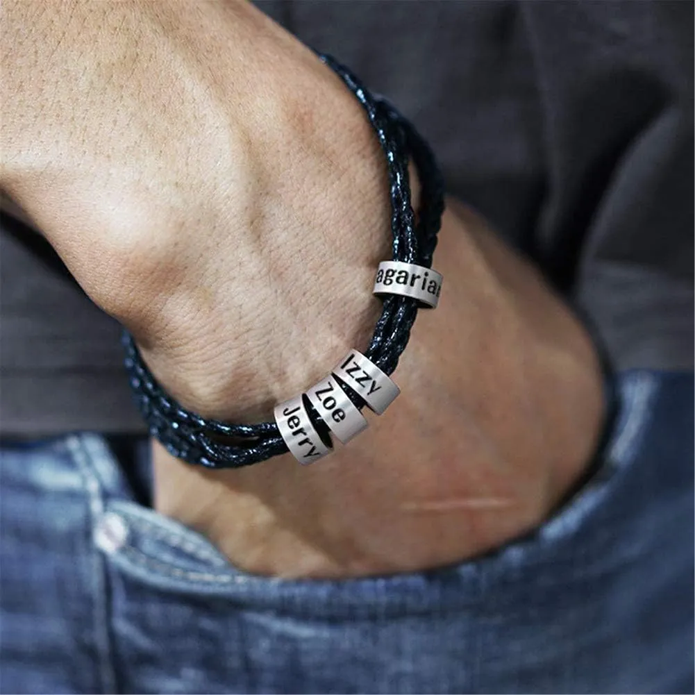 Mens Leather Bracelets with 1-8 Engraved Beads Name, Custom Name Braid Bracelet Personalized Men's ID Bracelet for Dad, Grandpa