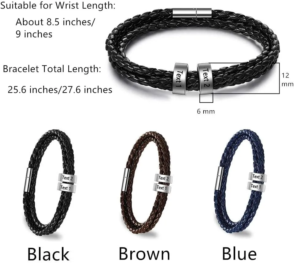 Mens Leather Bracelets with 1-8 Engraved Beads Name, Custom Name Braid Bracelet Personalized Men's ID Bracelet for Dad, Grandpa