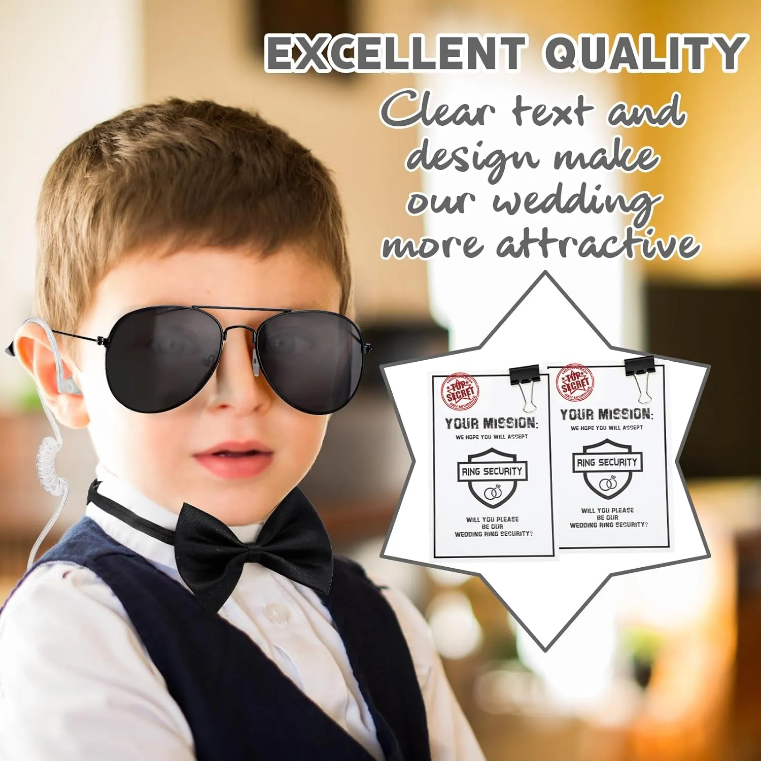 Mepase 14 Pcs Ring Wedding Bearer Security Set Include Ring Bearer Box ID Badge Holder Sunglass Acoustic Earpiece Tube Mission Card with Binder Clip Bow for Kids (Oxford Cloth Suitcase)