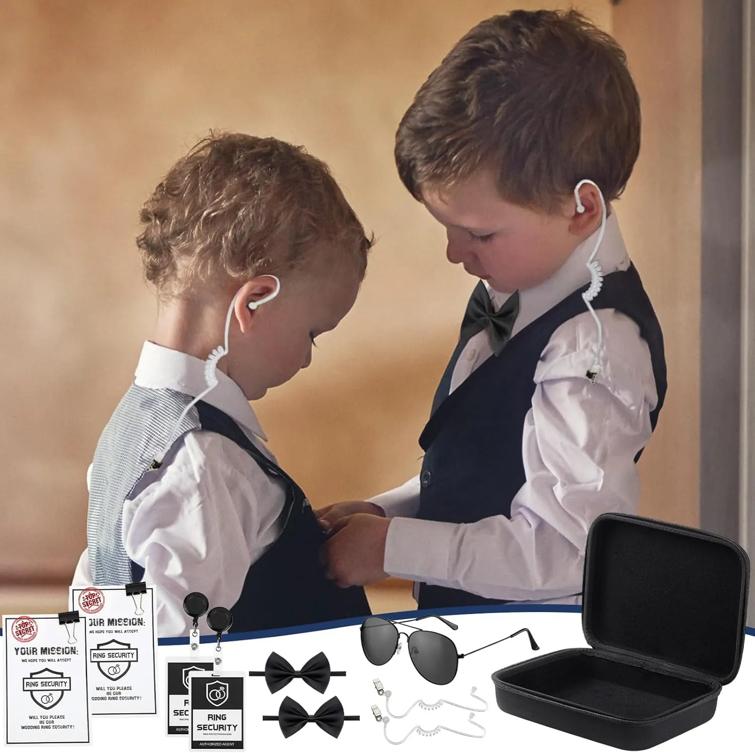 Mepase 14 Pcs Ring Wedding Bearer Security Set Include Ring Bearer Box ID Badge Holder Sunglass Acoustic Earpiece Tube Mission Card with Binder Clip Bow for Kids (Oxford Cloth Suitcase)