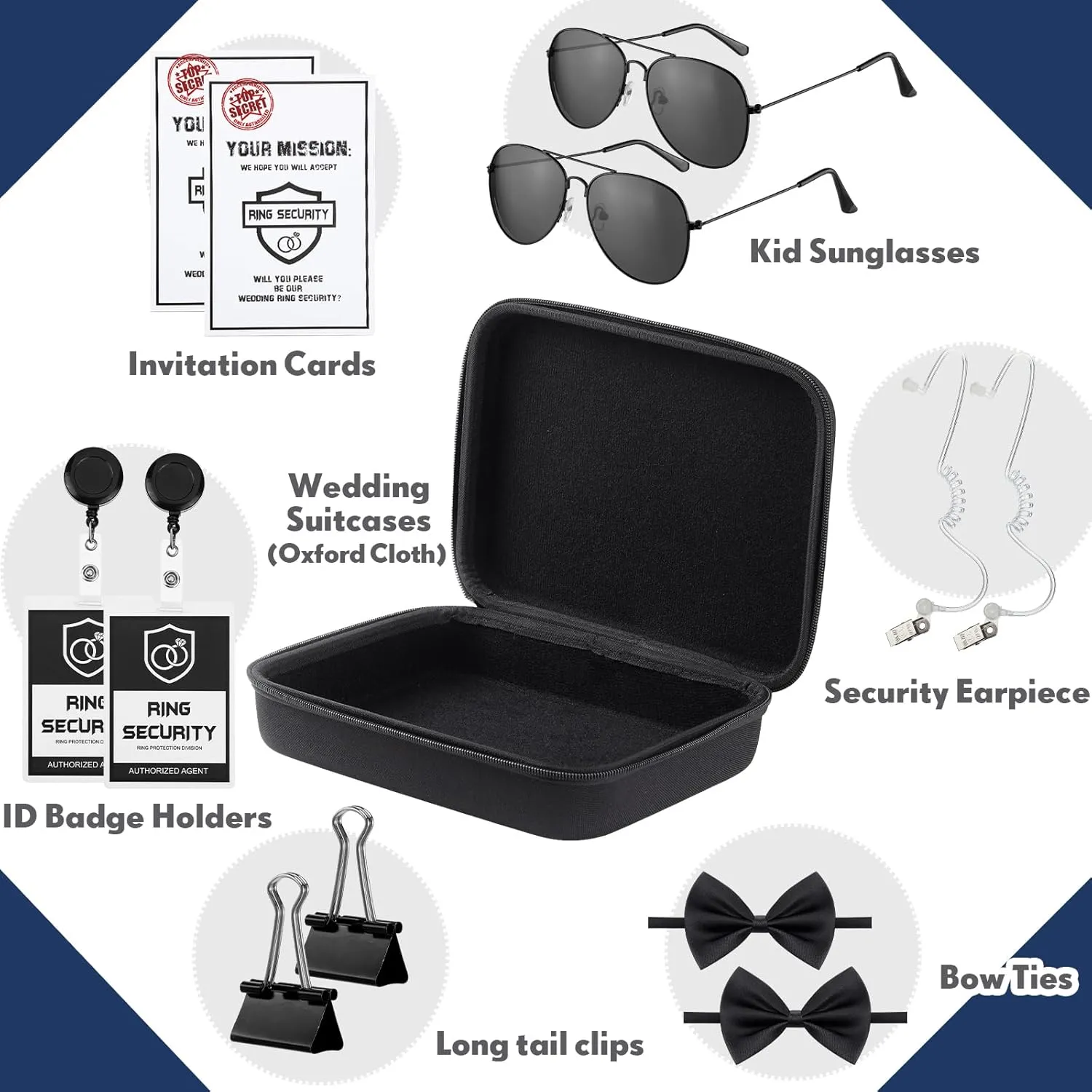 Mepase 14 Pcs Ring Wedding Bearer Security Set Include Ring Bearer Box ID Badge Holder Sunglass Acoustic Earpiece Tube Mission Card with Binder Clip Bow for Kids (Oxford Cloth Suitcase)