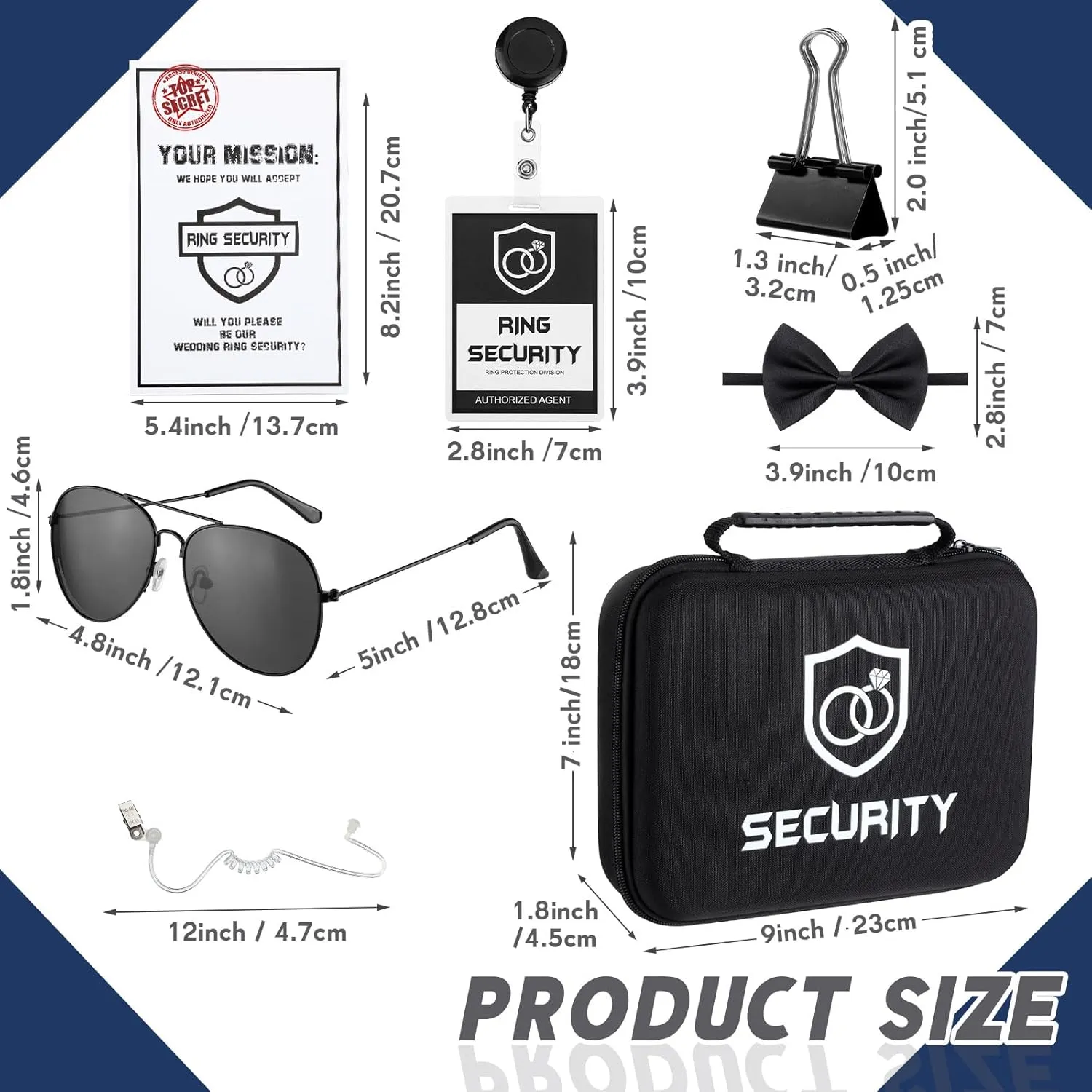 Mepase 14 Pcs Ring Wedding Bearer Security Set Include Ring Bearer Box ID Badge Holder Sunglass Acoustic Earpiece Tube Mission Card with Binder Clip Bow for Kids (Oxford Cloth Suitcase)