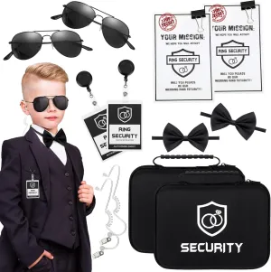 Mepase 14 Pcs Ring Wedding Bearer Security Set Include Ring Bearer Box ID Badge Holder Sunglass Acoustic Earpiece Tube Mission Card with Binder Clip Bow for Kids (Oxford Cloth Suitcase)