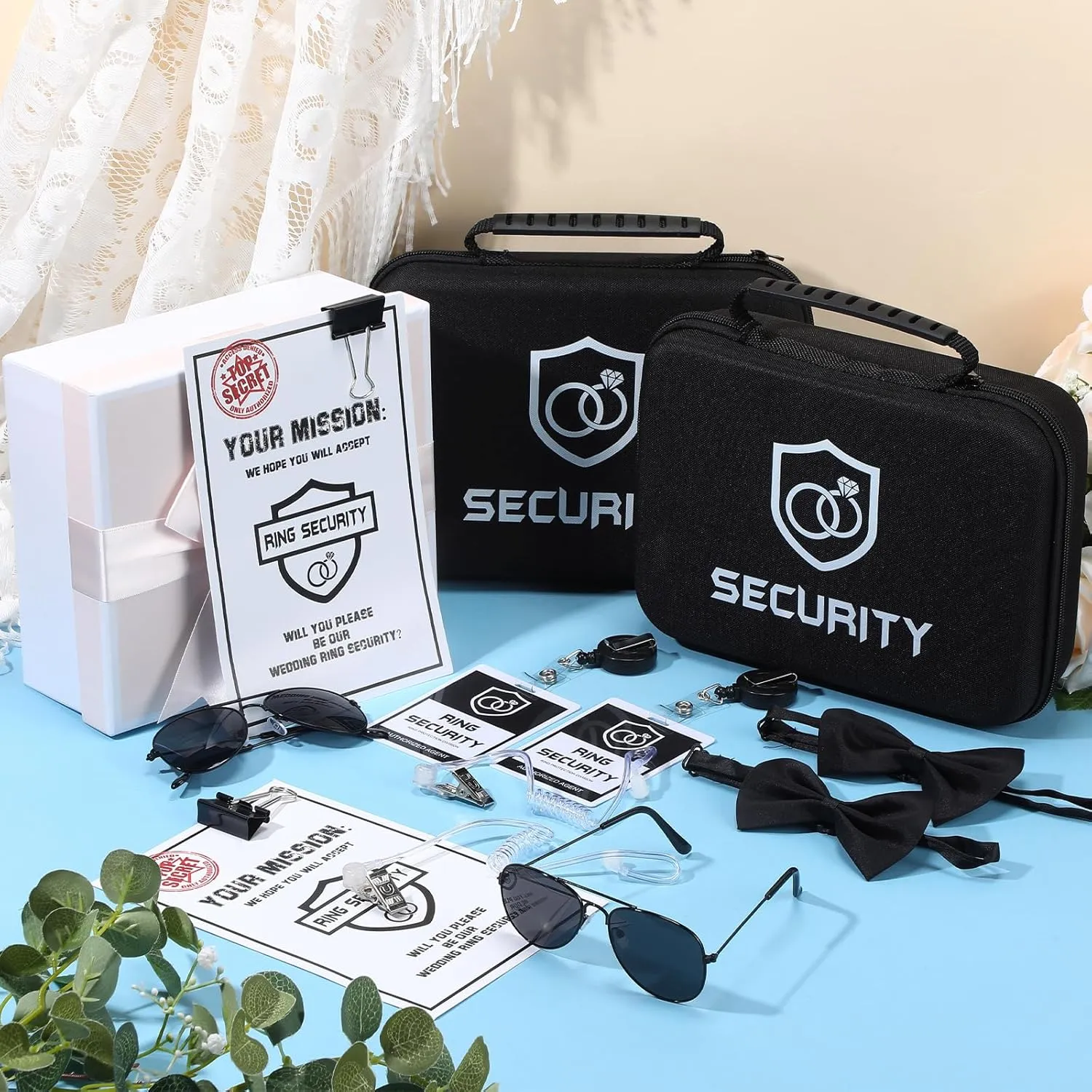 Mepase 14 Pcs Ring Wedding Bearer Security Set Include Ring Bearer Box ID Badge Holder Sunglass Acoustic Earpiece Tube Mission Card with Binder Clip Bow for Kids (Oxford Cloth Suitcase)