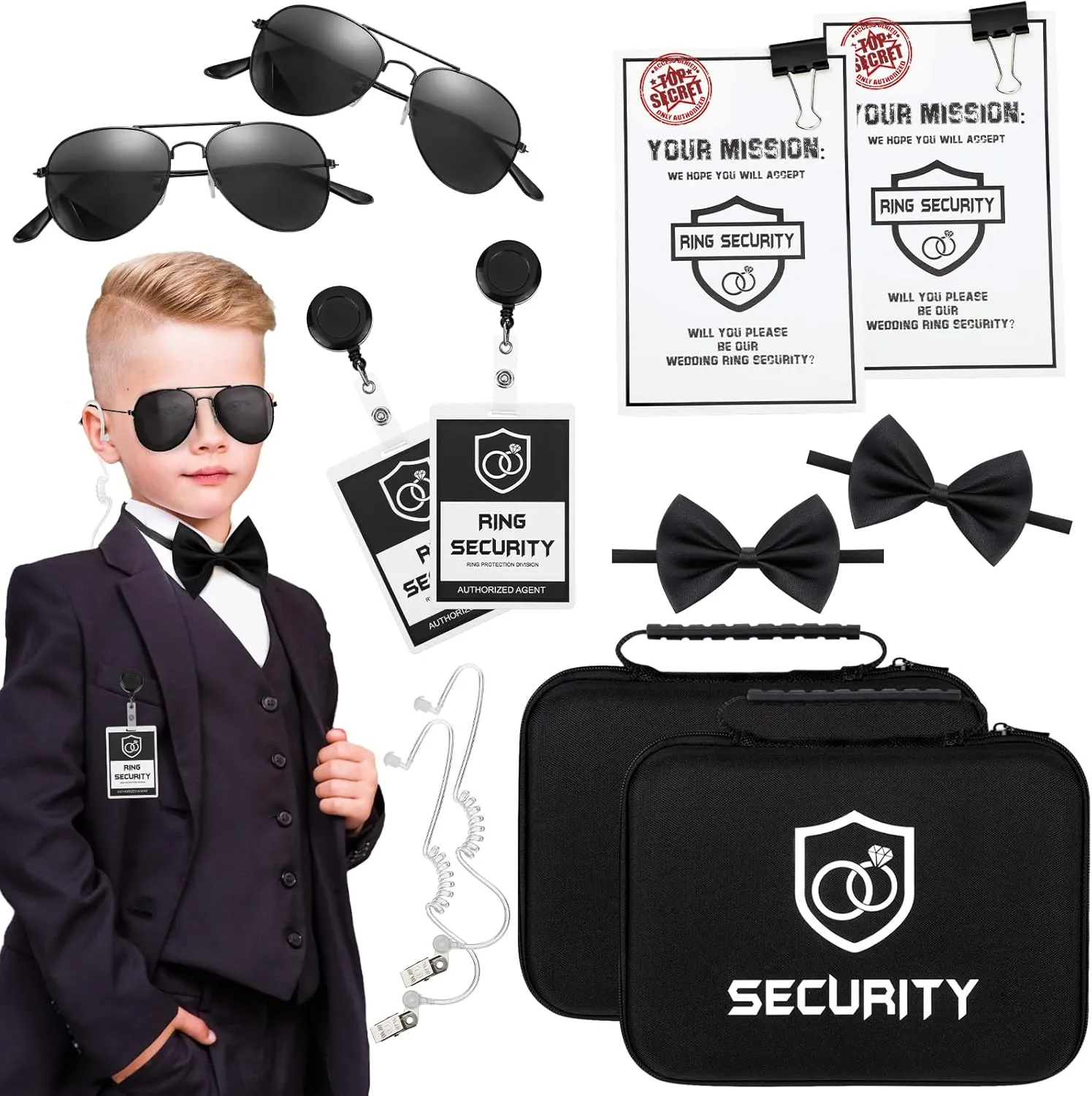 Mepase 14 Pcs Ring Wedding Bearer Security Set Include Ring Bearer Box ID Badge Holder Sunglass Acoustic Earpiece Tube Mission Card with Binder Clip Bow for Kids (Oxford Cloth Suitcase)