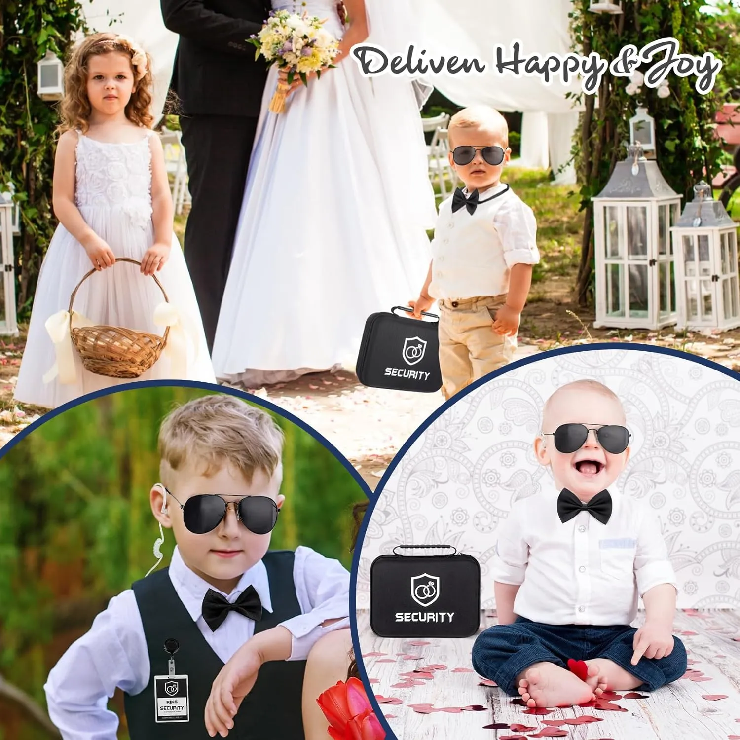 Mepase 14 Pcs Ring Wedding Bearer Security Set Include Ring Bearer Box ID Badge Holder Sunglass Acoustic Earpiece Tube Mission Card with Binder Clip Bow for Kids (Oxford Cloth Suitcase)