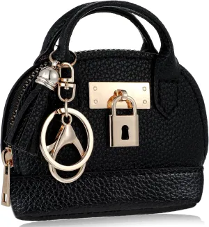 Mini Tote Bag Keychain Coin Purse PU Leather Makeup Key Chain Change Purse Pouch Small Wallet Make up Bag with Zipper Coin Pouch for Women Girls Gift (Black)