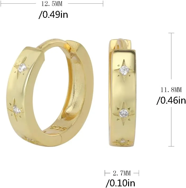 Minimalist CZ Star 925 Sterling Silver Thick Small Hoop Earrings for Women Men Sensitive Ear Dainty 14K Gold Plated Crystal Stars Hypoallergenic Sleeper Tiny Mini Cartilage Huggie Hoops Fashion Trendy Jewelry Birthday Gift