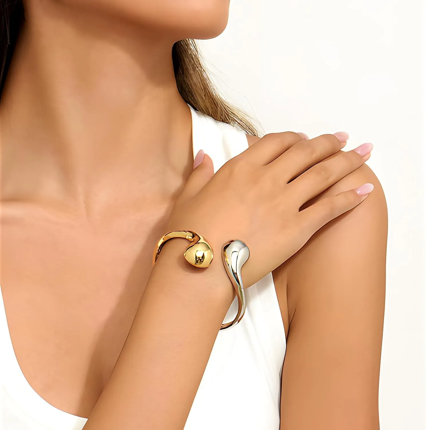 Minimalist Gold Wrap Bracelet for Women with Hinged Closure Sleek Chunky 14k Gold Plated Open-Ended Stacking Cuff Bangles Bracelet