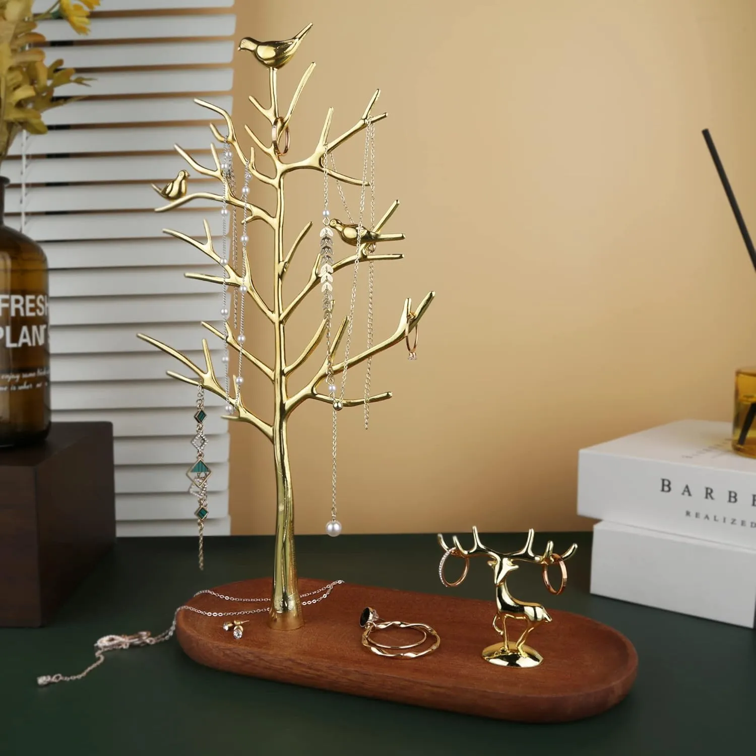MORE&LESS Branch Jewelry Rack with deer, for Ring Earrings Necklace Bracelet,Suitable for living rooms, bathrooms,offices,etc.