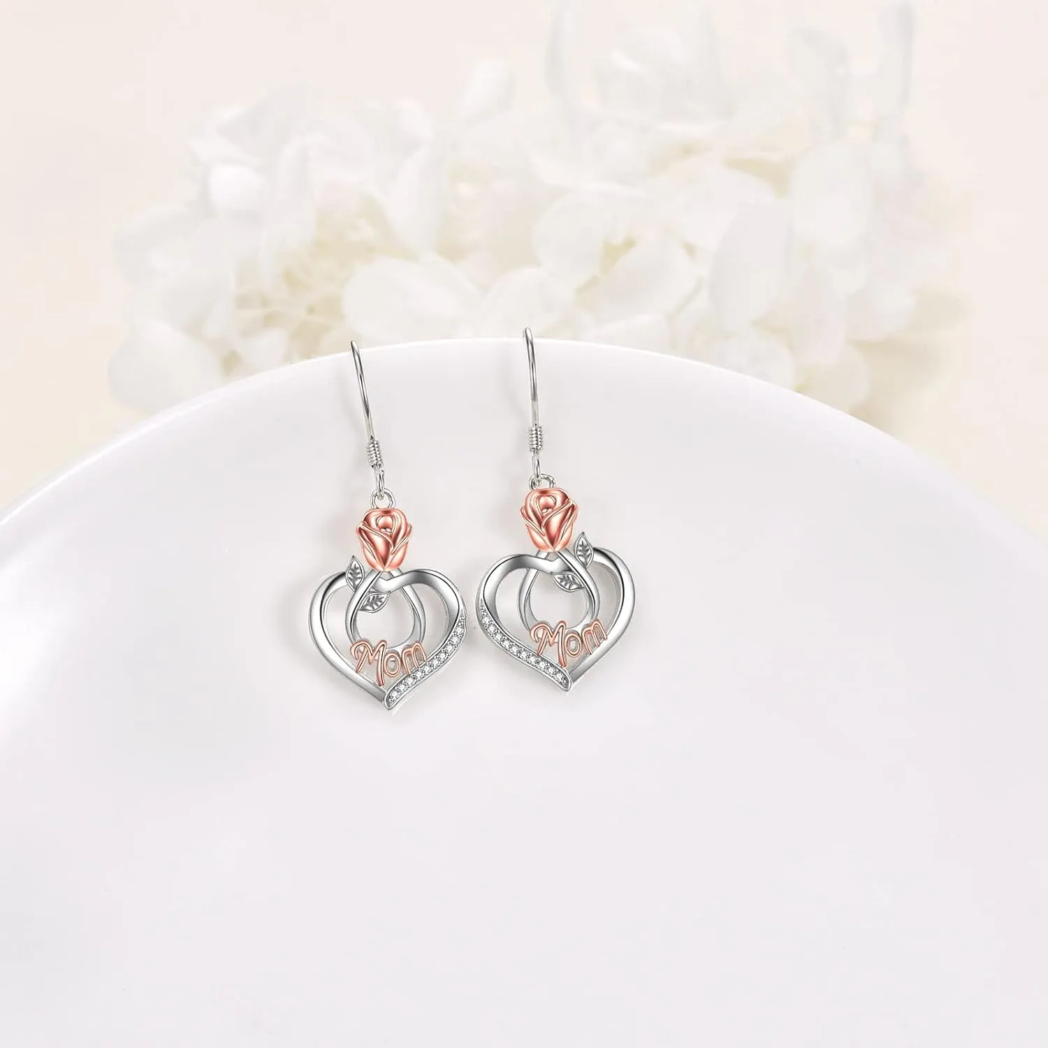 Mothers Day Gifts Mom Earrings with Rose Flower Love Heart 925 Sterling Silver Crystal Dangle Drop Hook Earrings Jewelry