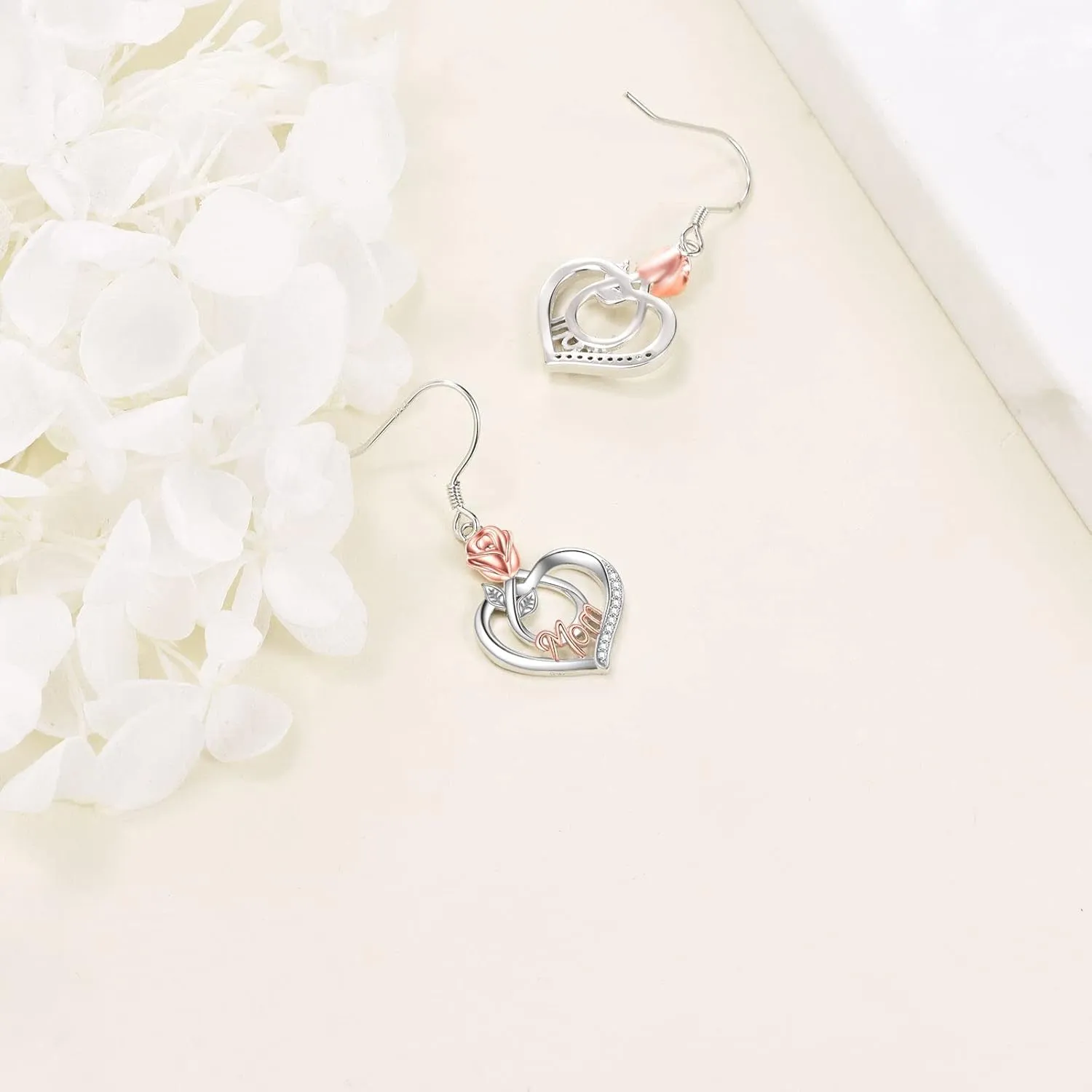 Mothers Day Gifts Mom Earrings with Rose Flower Love Heart 925 Sterling Silver Crystal Dangle Drop Hook Earrings Jewelry