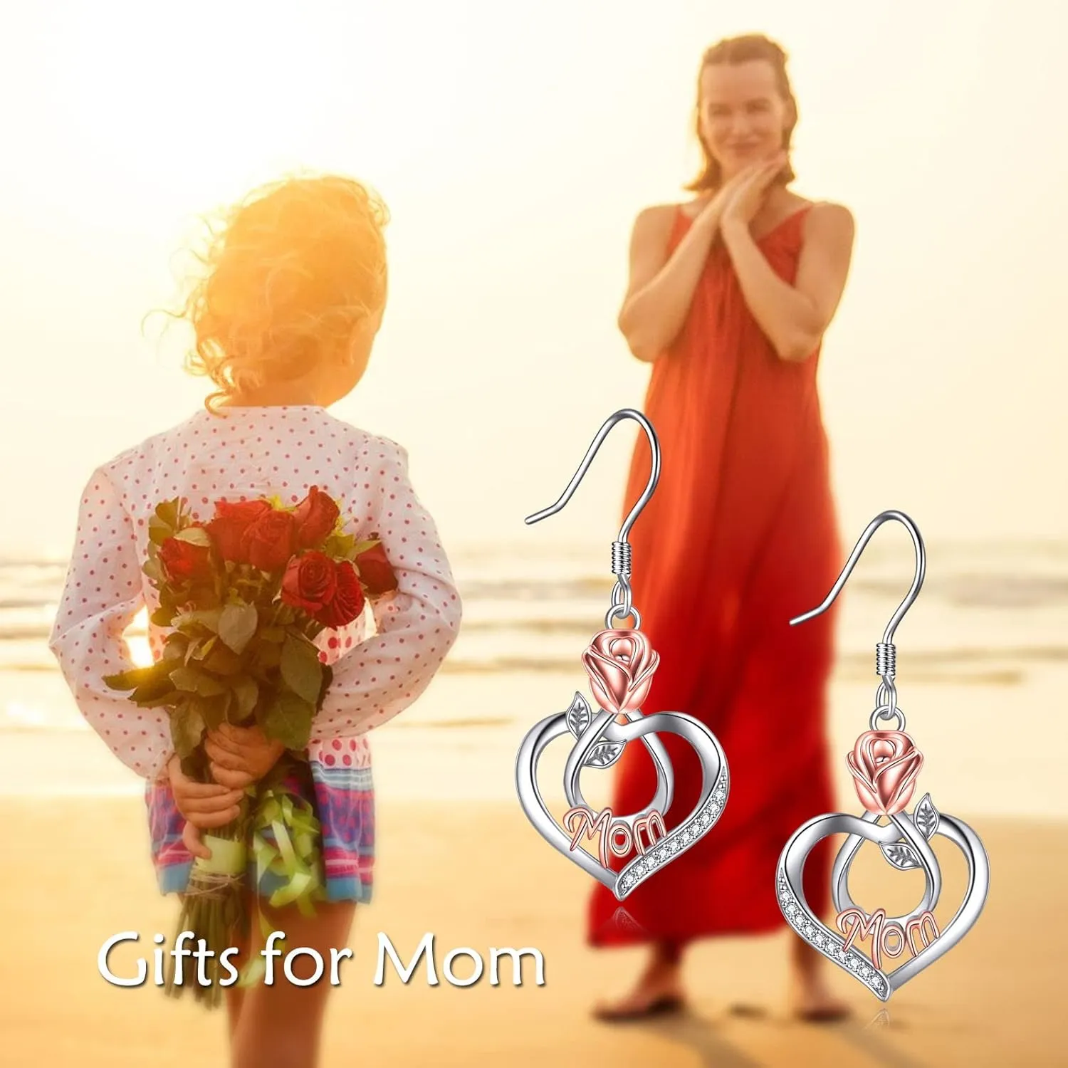 Mothers Day Gifts Mom Earrings with Rose Flower Love Heart 925 Sterling Silver Crystal Dangle Drop Hook Earrings Jewelry