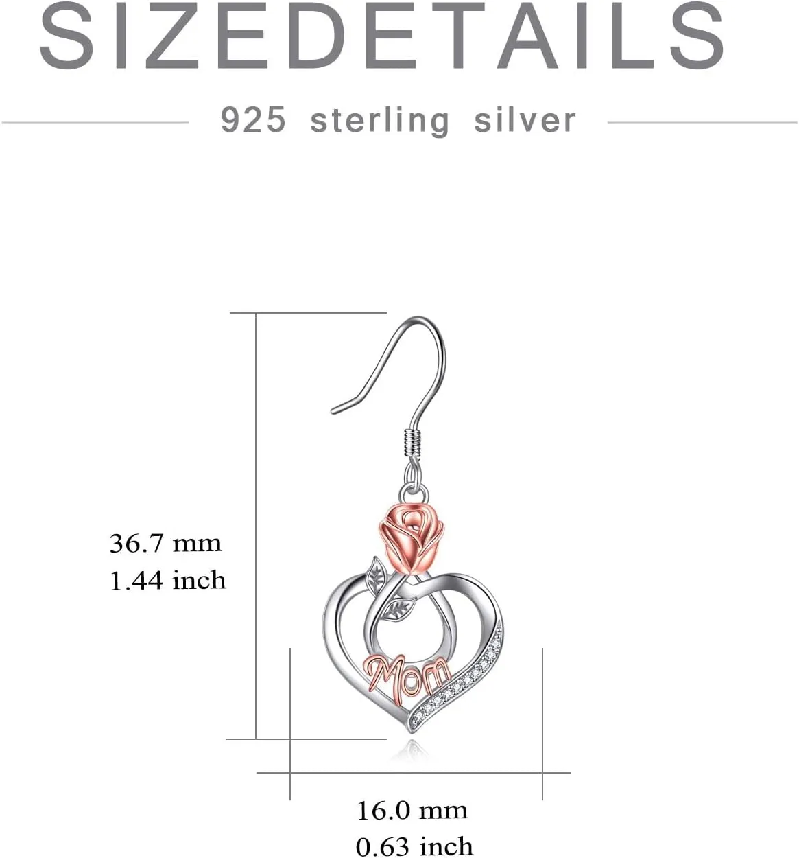 Mothers Day Gifts Mom Earrings with Rose Flower Love Heart 925 Sterling Silver Crystal Dangle Drop Hook Earrings Jewelry