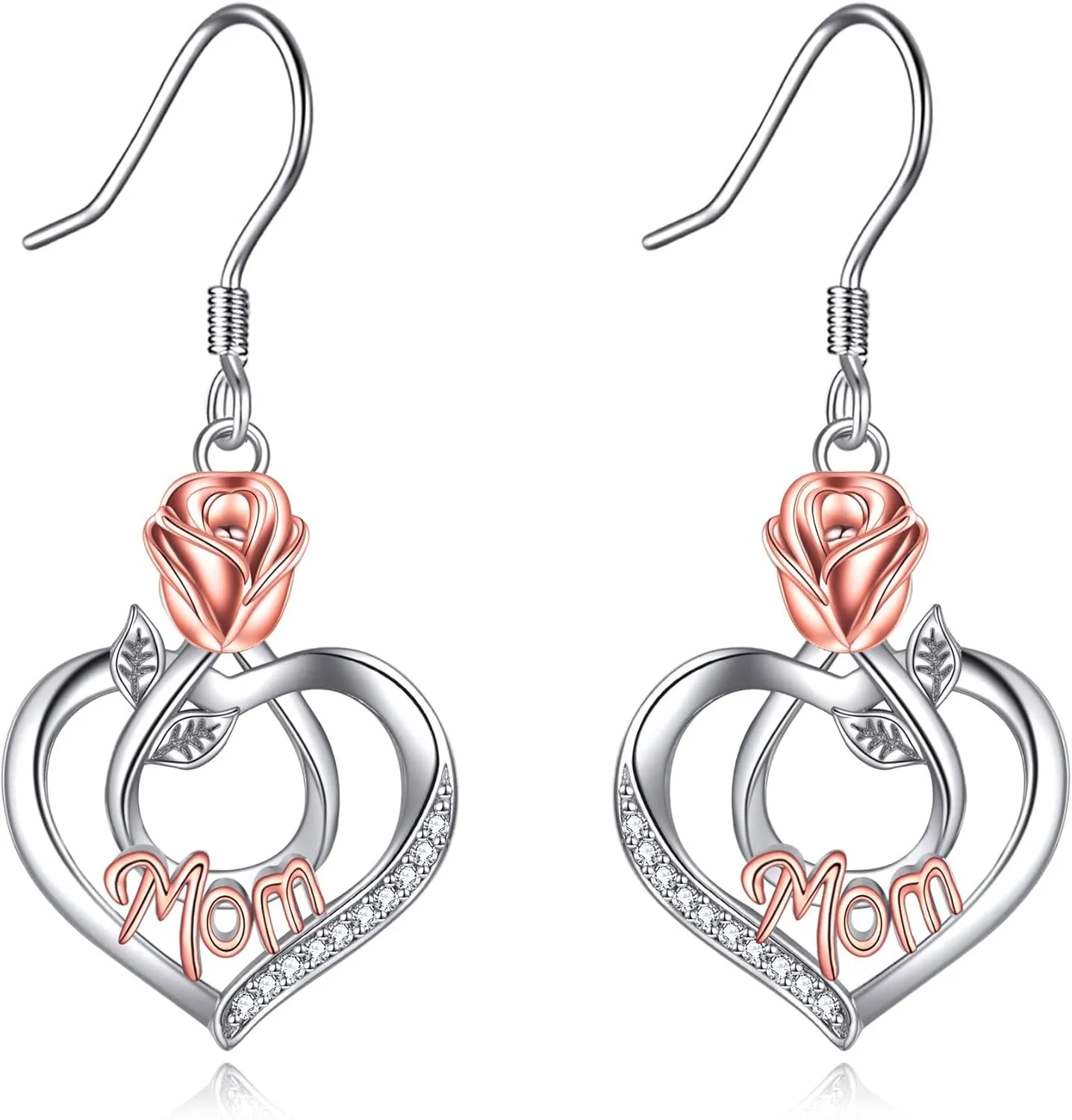 Mothers Day Gifts Mom Earrings with Rose Flower Love Heart 925 Sterling Silver Crystal Dangle Drop Hook Earrings Jewelry