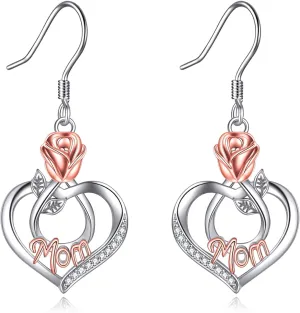 Mothers Day Gifts Mom Earrings with Rose Flower Love Heart 925 Sterling Silver Crystal Dangle Drop Hook Earrings Jewelry