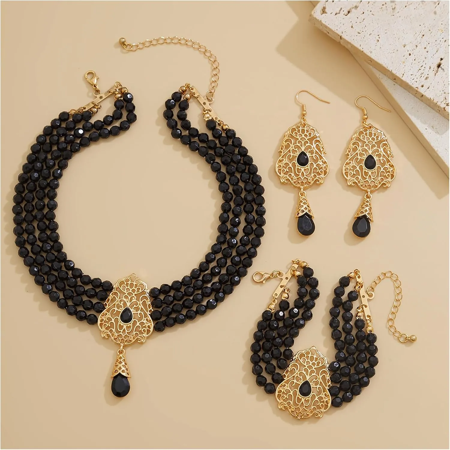 Multi-layered Beaded Necklace Earring Bracelet Sets for Women Wedding Brides Bead Collar Necklace,Beaded Earrings Jewelry,Crystal Beads Bracelet Necklace Jewelry for Women