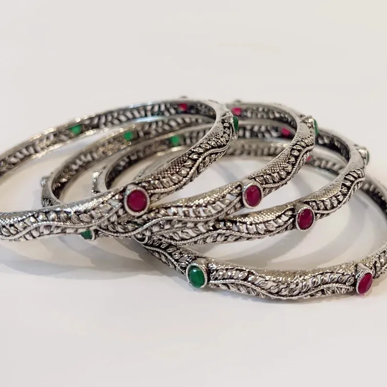 Multicolored Stones Tribal Oxidized Silver Bangles