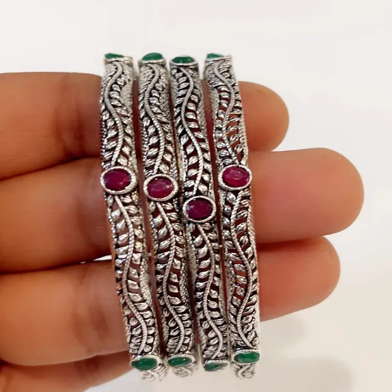 Multicolored Stones Tribal Oxidized Silver Bangles