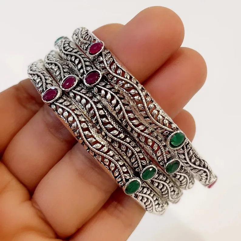 Multicolored Stones Tribal Oxidized Silver Bangles