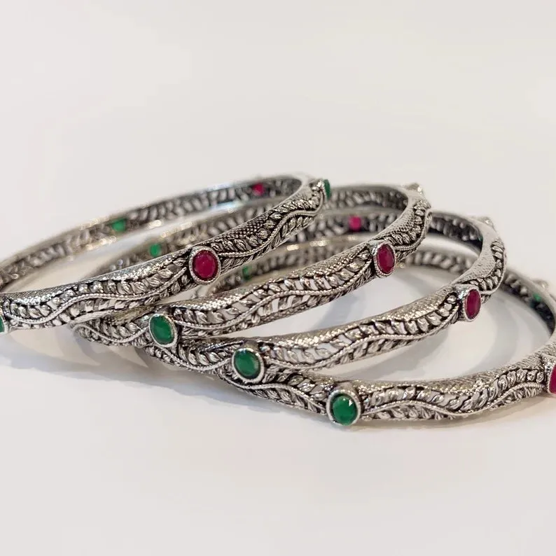 Multicolored Stones Tribal Oxidized Silver Bangles