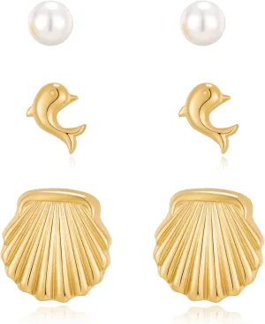 MUYAN 3Pcs Pearl Dolphin Shell Earrings for Women Gold Trendy Small Seashell Studs Summer Mixed Match Beach Jewelry