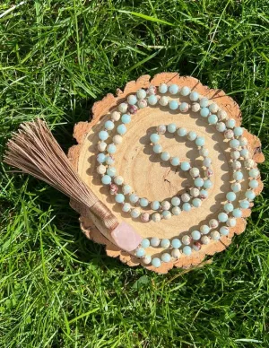 Natural Aqua Terra Jasper with Rose Quartz 6mm-10mm 108 Mala Beads, Spiritual, Meditation Beads, Reiki, Japa Mala, Buddhist Prayer Beads, Yoga Bracelet, healing beads LKMALA-RRGU-526