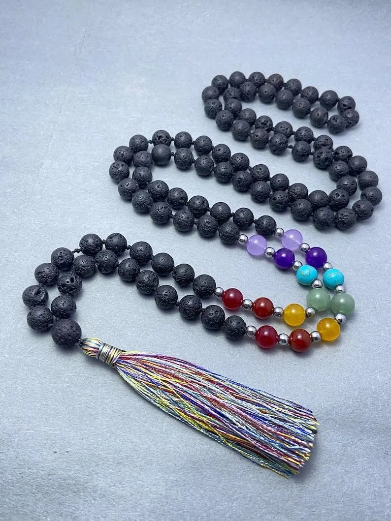 Natural Black Lava with 7 Chakra 8mm 108 Mala Beads, Spiritual, Meditation Beads, Reiki, Japa Mala, Buddhist Prayer Beads, Yoga Bracelet, healing beads LKMALA-RRGU-3669