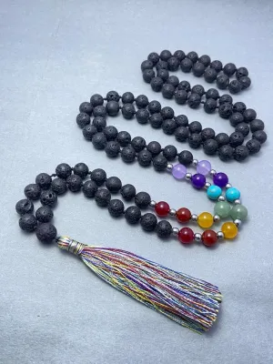Natural Black Lava with 7 Chakra 8mm 108 Mala Beads, Spiritual, Meditation Beads, Reiki, Japa Mala, Buddhist Prayer Beads, Yoga Bracelet, healing beads LKMALA-RRGU-3669
