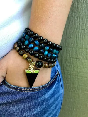 Natural Black Onyx, Blue Tiger Eye, Brown Tiger Eye 8mm 108 Mala Beads, Spiritual, Meditation Beads, Reiki, Japa Mala, Buddhist Prayer Beads, Yoga Bracelet, healing beads LKMALA-RRGU-1353