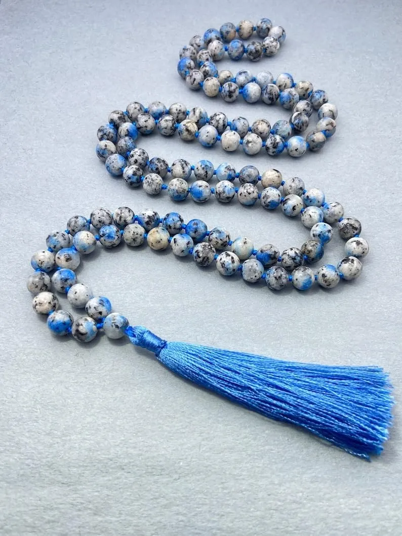 Natural Blue Agate 8mm 108 Mala Beads, Spiritual, Meditation Beads, Reiki, Japa Mala, Buddhist Prayer Beads, Yoga Bracelet, healing beads LKMALA-RRGU-3627