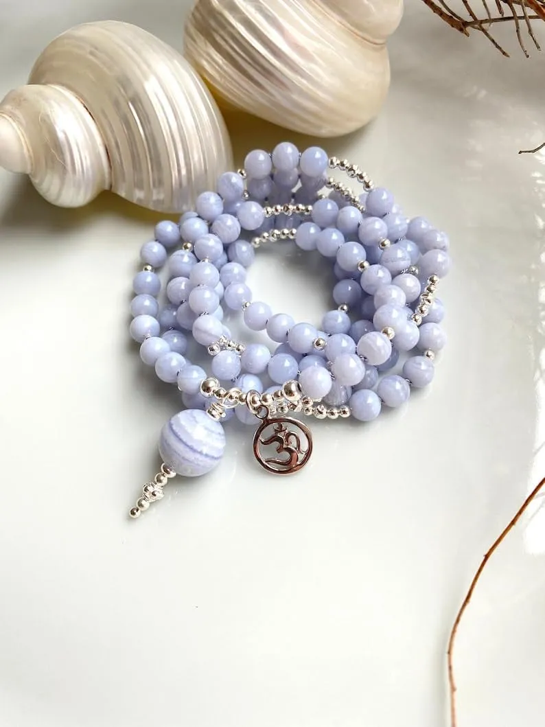 Natural Blue chalcedony 6mm 108 Mala Beads, Spiritual, Meditation Beads, Reiki, Japa Mala, Buddhist Prayer Beads, Yoga Bracelet, healing beads LKMALA-RRGU-3433