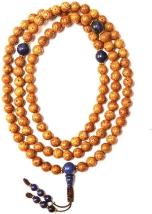 Natural Brown Lotus Seed,lapis lazuli 8mm 108 Mala Beads, Spiritual, Meditation Beads, Reiki, Japa Mala, Buddhist Prayer Beads, Yoga Bracelet, healing beads LKMALA-RRGU-749