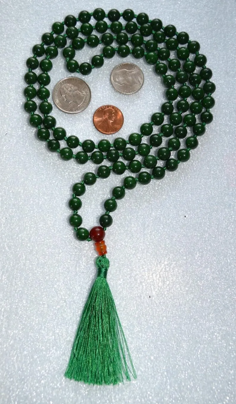 Natural Green Jade,carnelian 8mm 108 Mala Beads, Spiritual, Meditation Beads, Reiki, Japa Mala, Buddhist Prayer Beads, Yoga Bracelet, healing beads LKMALA-RRGU-1909