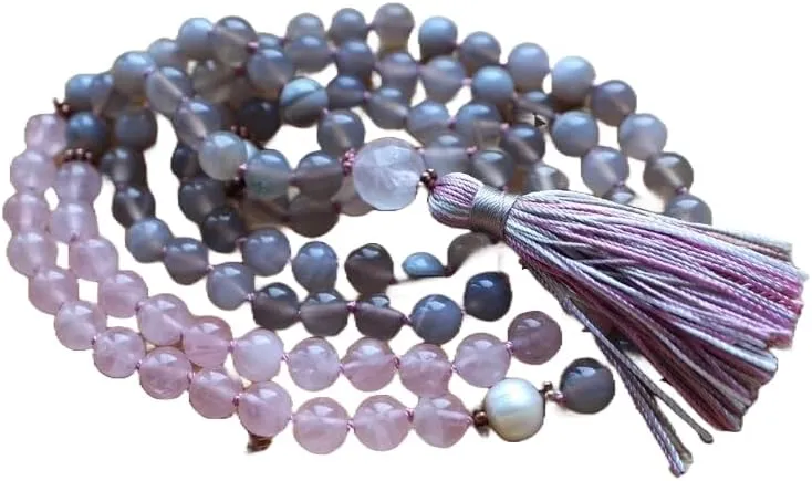 Natural Grey Agate and Rose Quartz 8mm 108 Mala Beads, Spiritual, Meditation Beads, Reiki, Japa Mala, Buddhist Prayer Beads, Yoga Bracelet, healing beads LKMALA-RRGU-2918