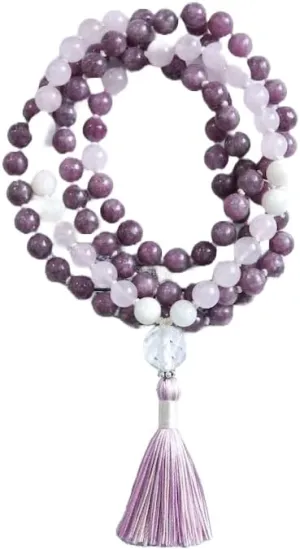 Natural Lepidolite Moonstone Rose Quartz 8mm 108 Mala Beads, Spiritual, Meditation Beads, Reiki, Japa Mala, Buddhist Prayer Beads, Yoga Bracelet, healing beads LKMALA-RRGU-3966