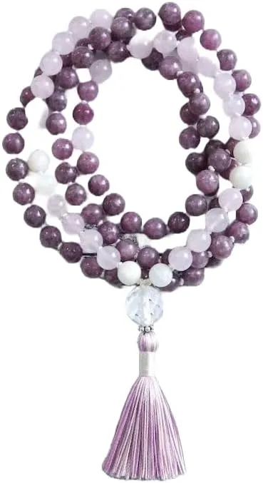 Natural Lepidolite Moonstone Rose Quartz 8mm 108 Mala Beads, Spiritual, Meditation Beads, Reiki, Japa Mala, Buddhist Prayer Beads, Yoga Bracelet, healing beads LKMALA-RRGU-3966