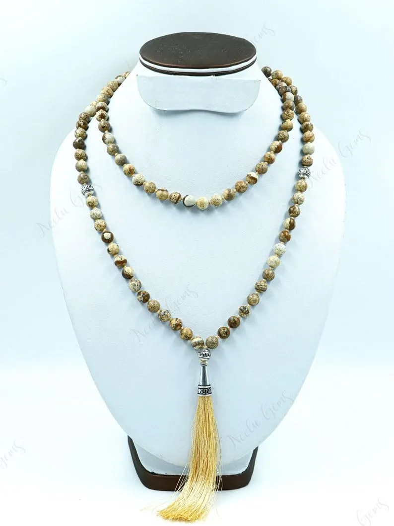 Natural Picture Jasper 8mm 108 Mala Beads, Spiritual, Meditation Beads, Reiki, Japa Mala, Buddhist Prayer Beads, Yoga Bracelet, healing beads LKMALA-RRGU-2741