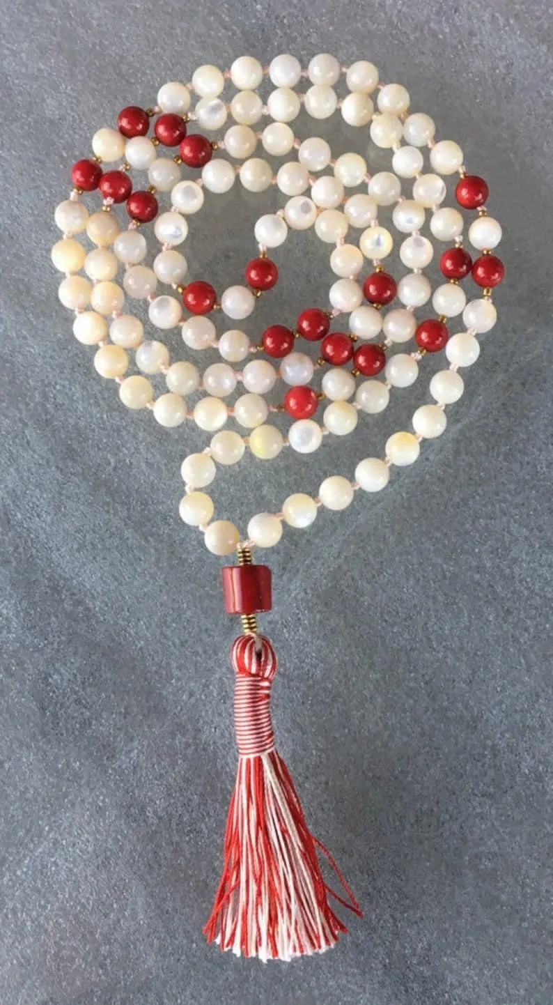 Natural Red Coral and Mother of Pearl 8mm 108 Mala Beads, Spiritual, Meditation Beads, Reiki, Japa Mala, Buddhist Prayer Beads, Yoga Bracelet, healing beads LKMALA-RRGU-1641