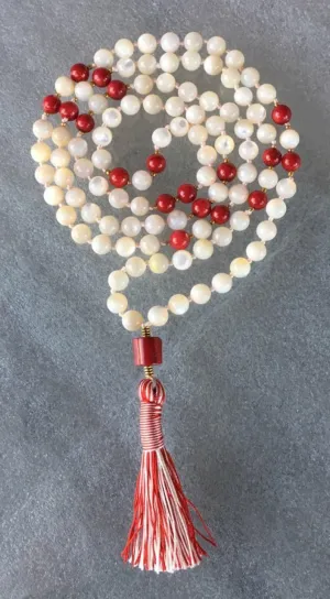 Natural Red Coral and Mother of Pearl 8mm 108 Mala Beads, Spiritual, Meditation Beads, Reiki, Japa Mala, Buddhist Prayer Beads, Yoga Bracelet, healing beads LKMALA-RRGU-1641