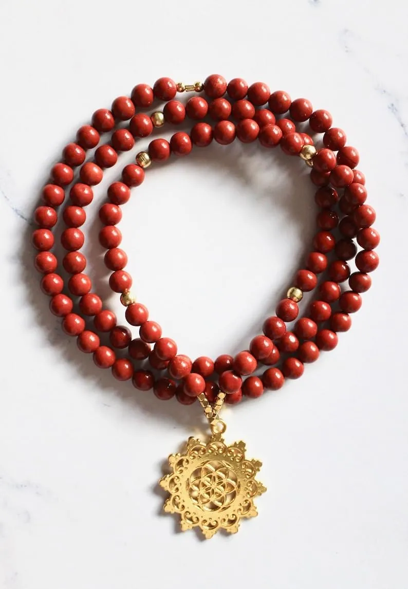 Natural Red Jasper 8mm 108 Mala Beads, Spiritual, Meditation Beads, Reiki, Japa Mala, Buddhist Prayer Beads, Yoga Bracelet, healing beads LKMALA-RRGU-2934