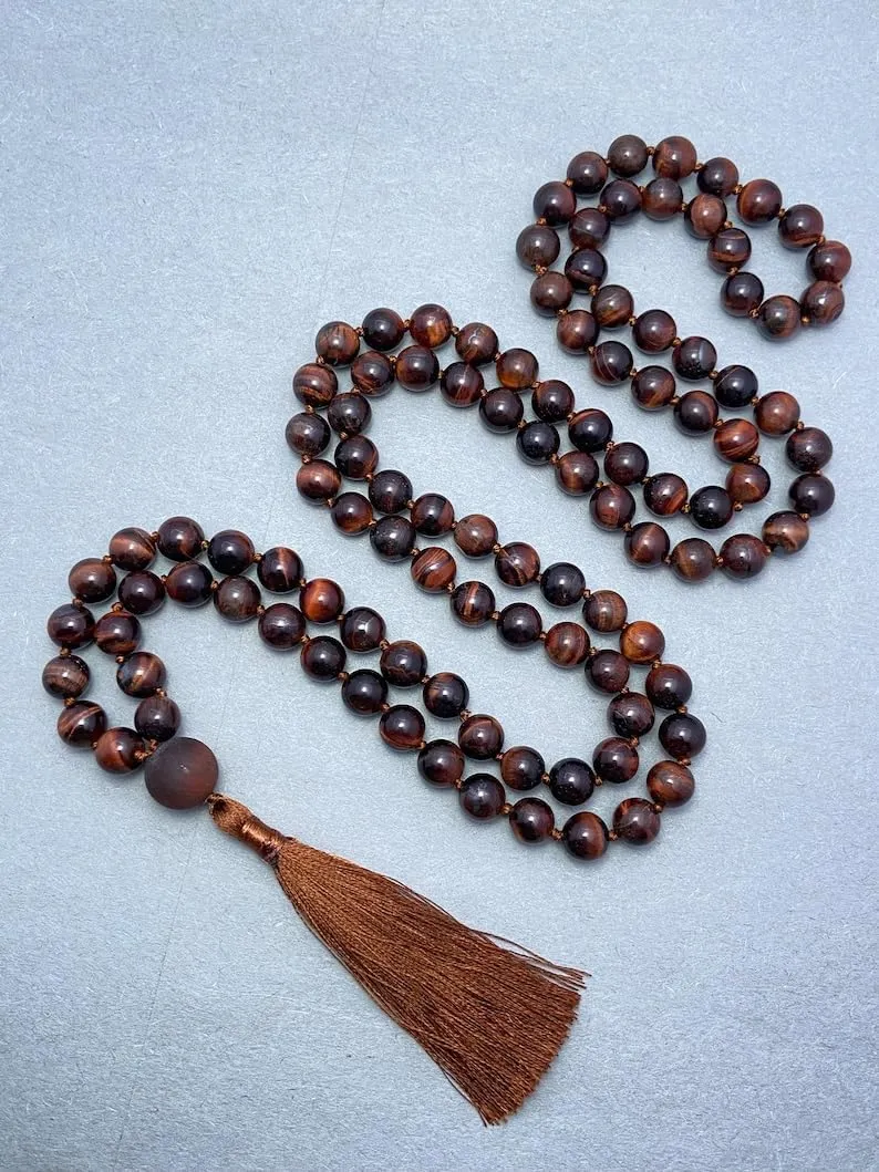 Natural Red Tiger's Eye 8mm 108 Mala Beads, Spiritual, Meditation Beads, Reiki, Japa Mala, Buddhist Prayer Beads, Yoga Bracelet, healing beads LKMALA-RRGU-3662, 34 inch