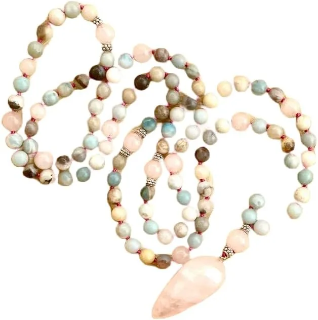 Natural Rose quartz & amazonite 8mm-12mm 108 Mala Beads, Spiritual, Meditation Beads, Reiki, Japa Mala, Buddhist Prayer Beads, Yoga Bracelet, healing beads LKMALA-RRGU-1067