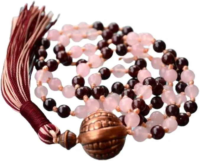 Natural Rose Quartz Garnet 8mm 108 Mala Beads, Spiritual, Meditation Beads, Reiki, Japa Mala, Buddhist Prayer Beads, Yoga Bracelet, healing beads LKMALA-RRGU-1914