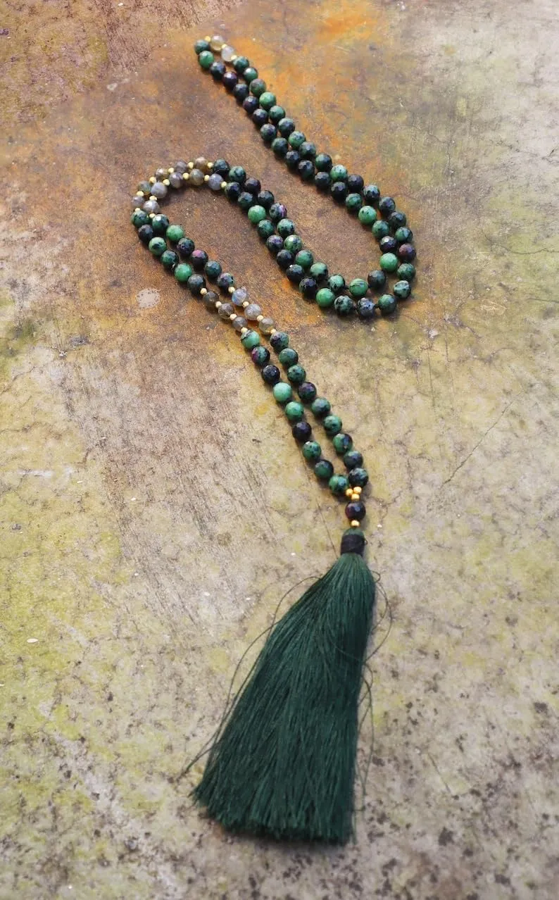 Natural Ruby Zoisite and Labradorite 8mm 108 Mala Beads, Spiritual, Meditation Beads, Reiki, Japa Mala, Buddhist Prayer Beads, Yoga Bracelet, healing beads LKMALA-RRGU-2879, 34 inch