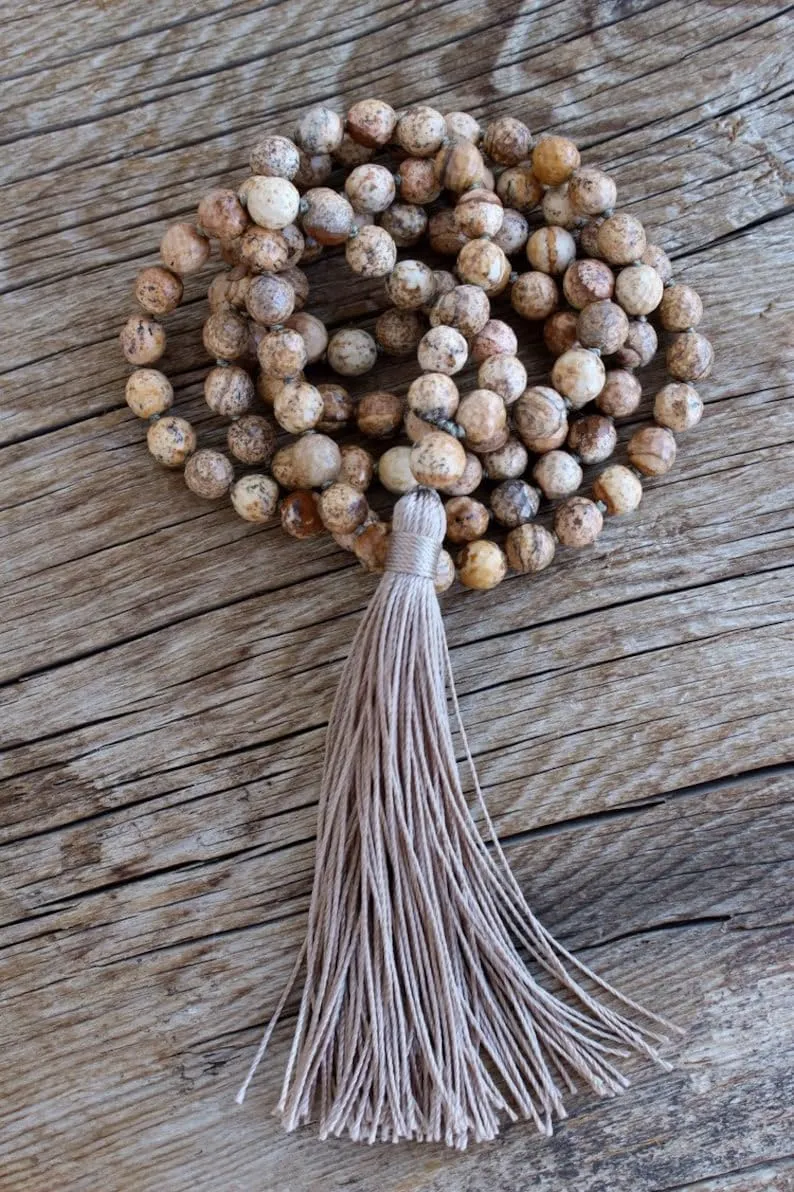 Natural Sand Jasper 8mm 108 Mala Beads, Spiritual, Meditation Beads, Reiki, Japa Mala, Buddhist Prayer Beads, Yoga Bracelet, healing beads LKMALA-RRGU-2695