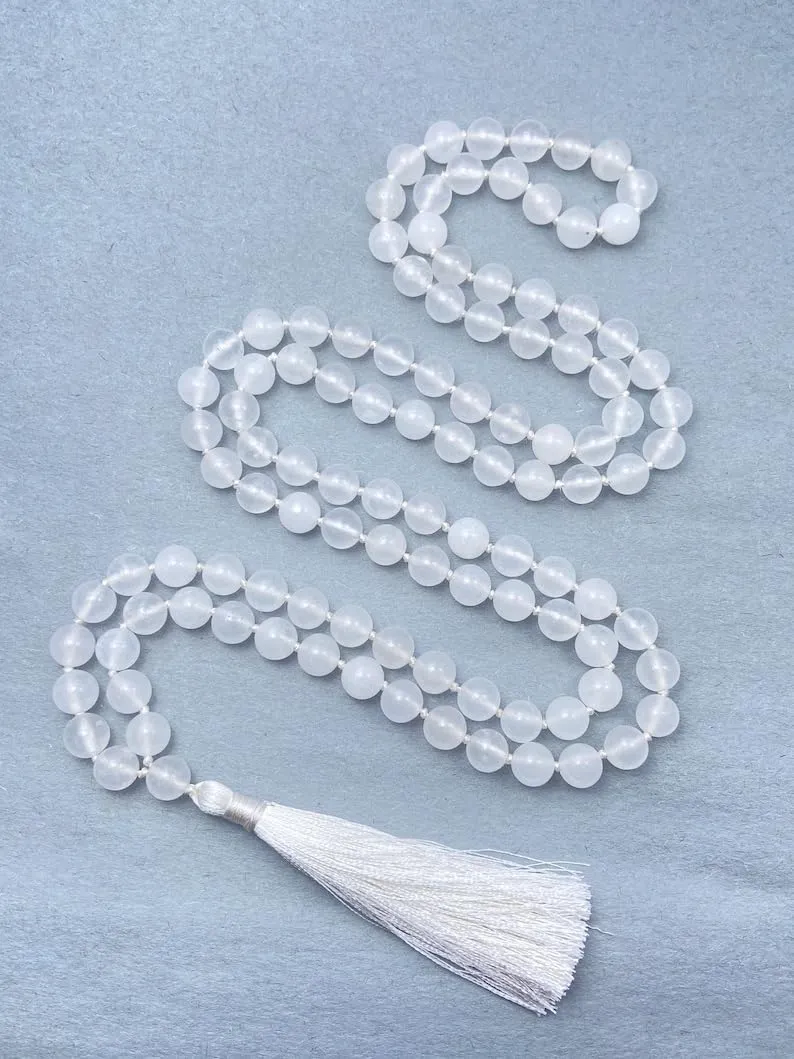 Natural White Jade 8mm 108 Mala Beads, Spiritual, Meditation Beads, Reiki, Japa Mala, Buddhist Prayer Beads, Yoga Bracelet, healing beads LKMALA-RRGU-3632