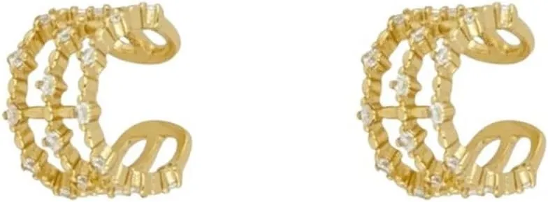 New 2025 Unisex Gold Color Three Row Punk Ear Cuffs Earrings For Women Zircon Piercing Clip Fashion Jewelry Findings Trendy Accessories Creative Gift For Women And Men