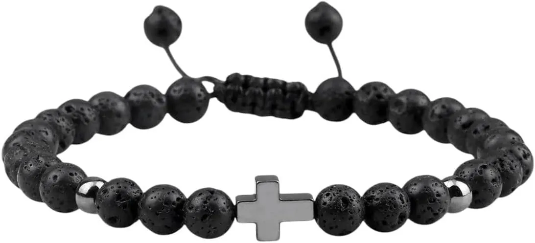 New 2026 Unisex 19Styles Prayer Men Cross Bracelet 6Mm Natural Black Lava Onyx Meditation Fitness Couple Bangle Women Yoga Jewelry Findings Gift Fashion Trendy Accessories Creative For Women And Men