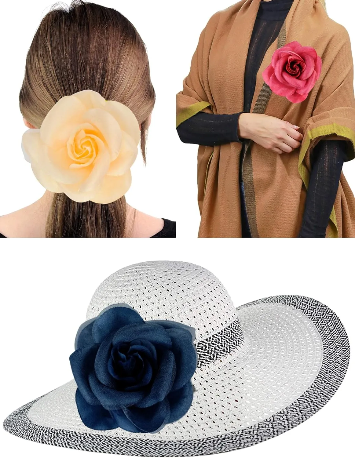 NYFASHION101 Women's Multifunction Large Rose Flower Sheer Petal Brooch Pin Hair Tie Clip by The Dozen